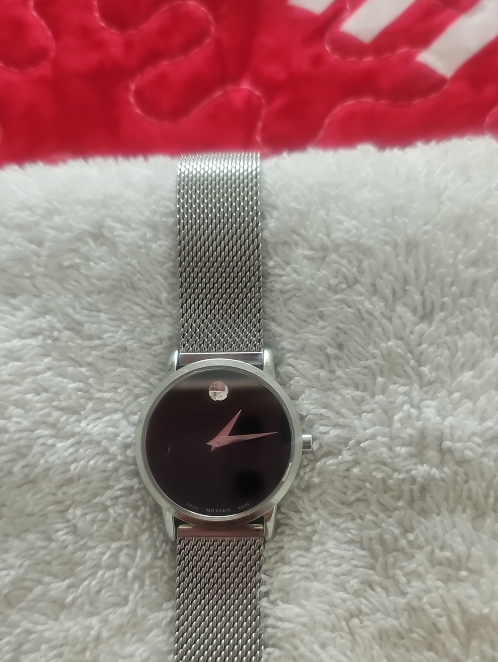 Movado Silver Mesh Band Watch with Black Dial